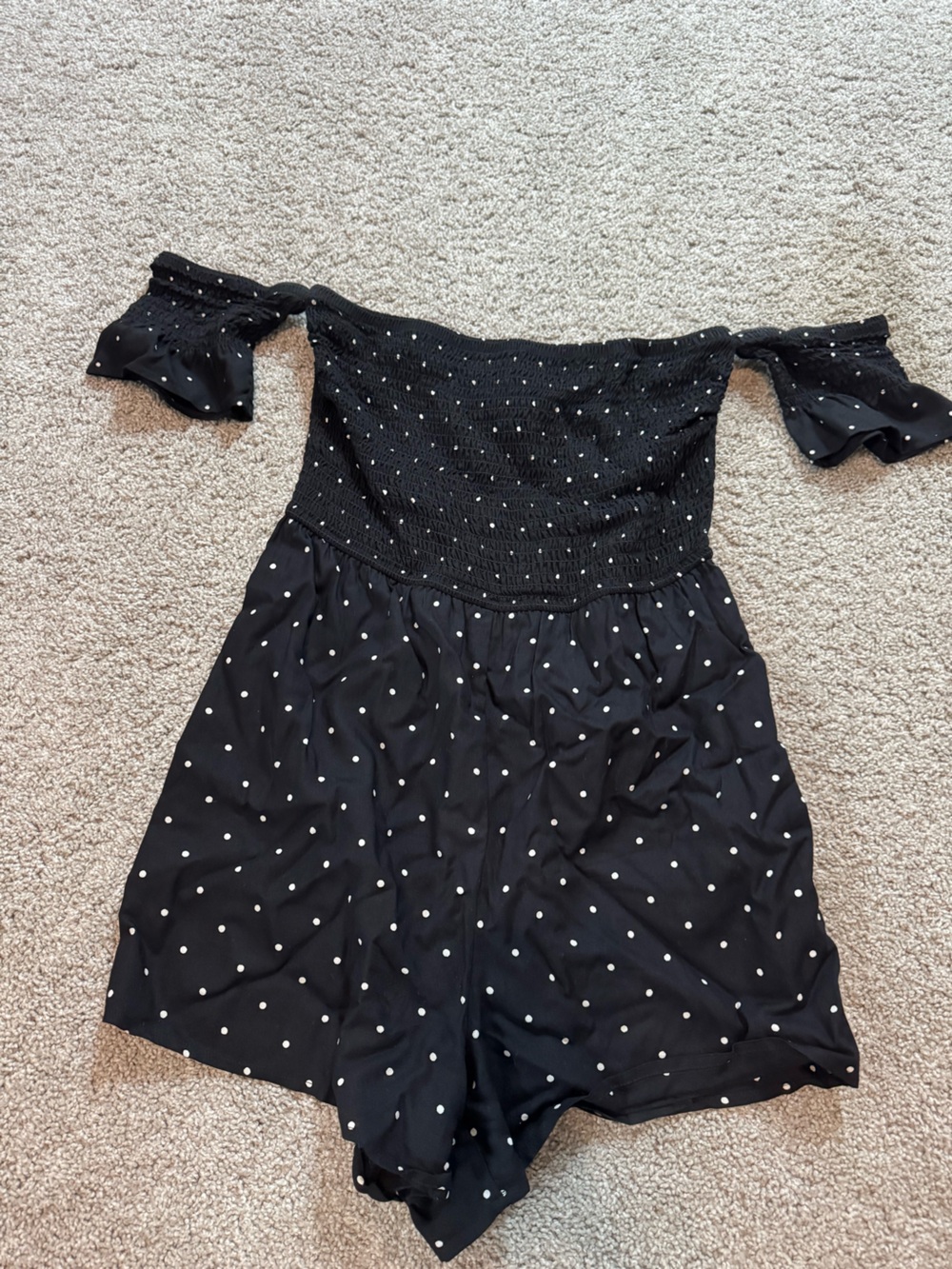 Francesca's Collections Black and White Polka Dot Off-Shoulder Romper